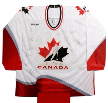 1996 Team Canada World Cup Framed  Signed Jersey with Gretzky, Lindros, Brodeur, Curtis Joseph